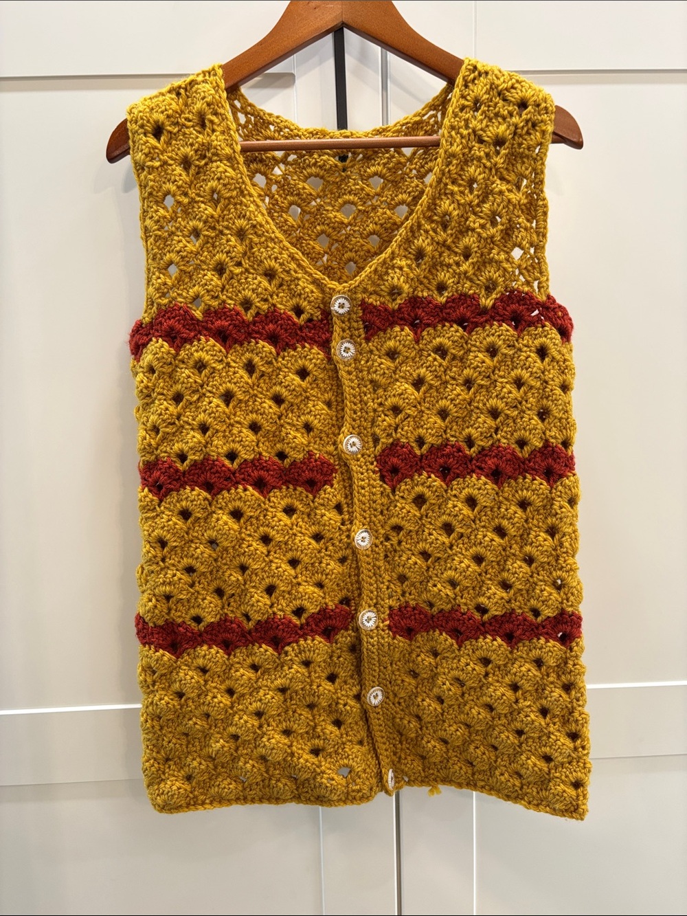 Mustard Crochet Button-Front Women's Sweater Vest